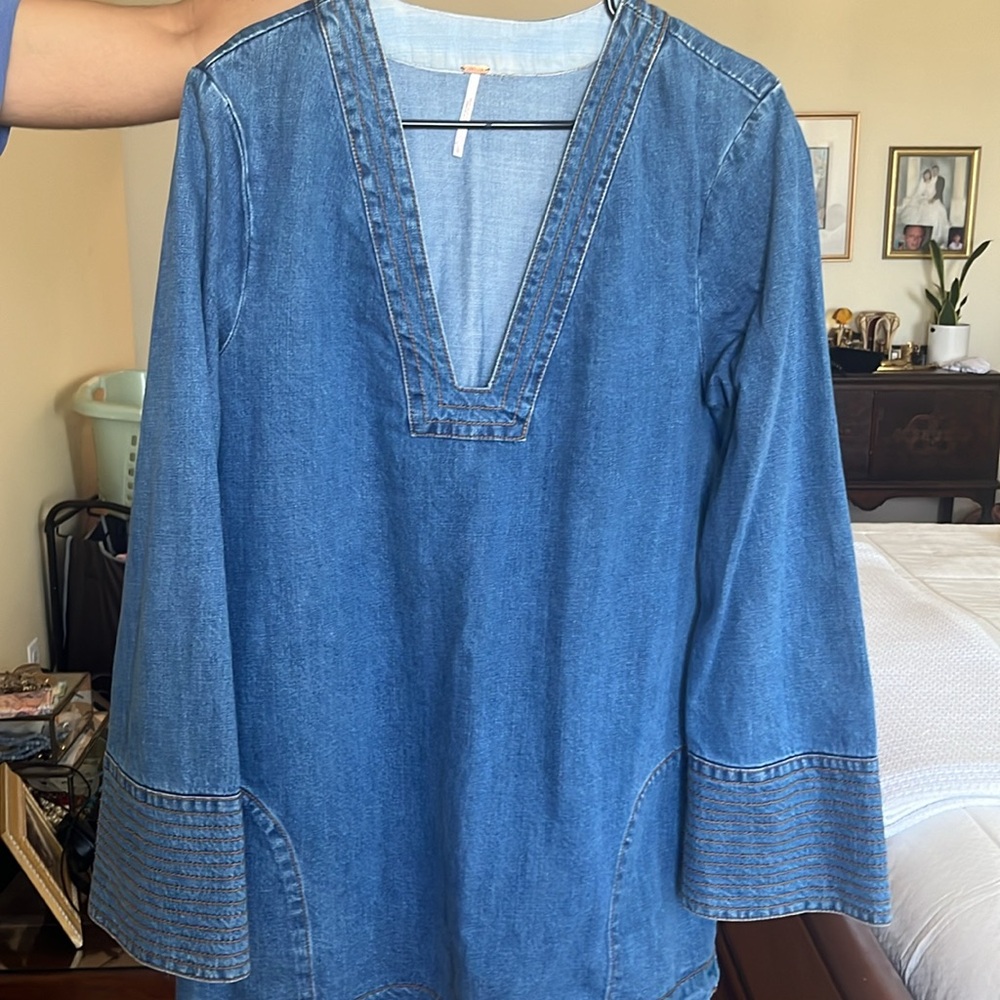 Free People Dark Blue Denim Tunic with V-Neck Stitching